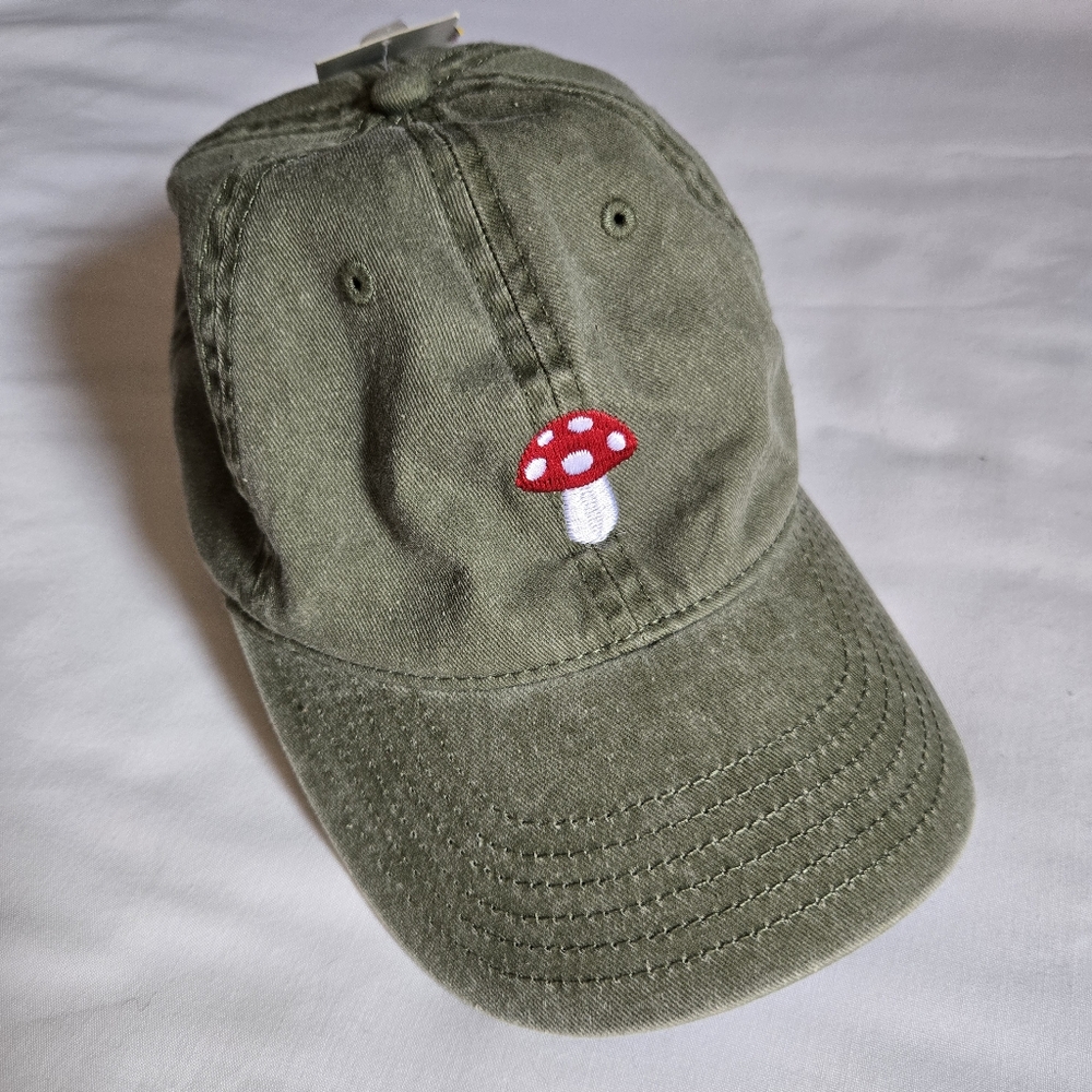 Mighty Fine Olive Green Cap with Red & White Mushroom Embroidery